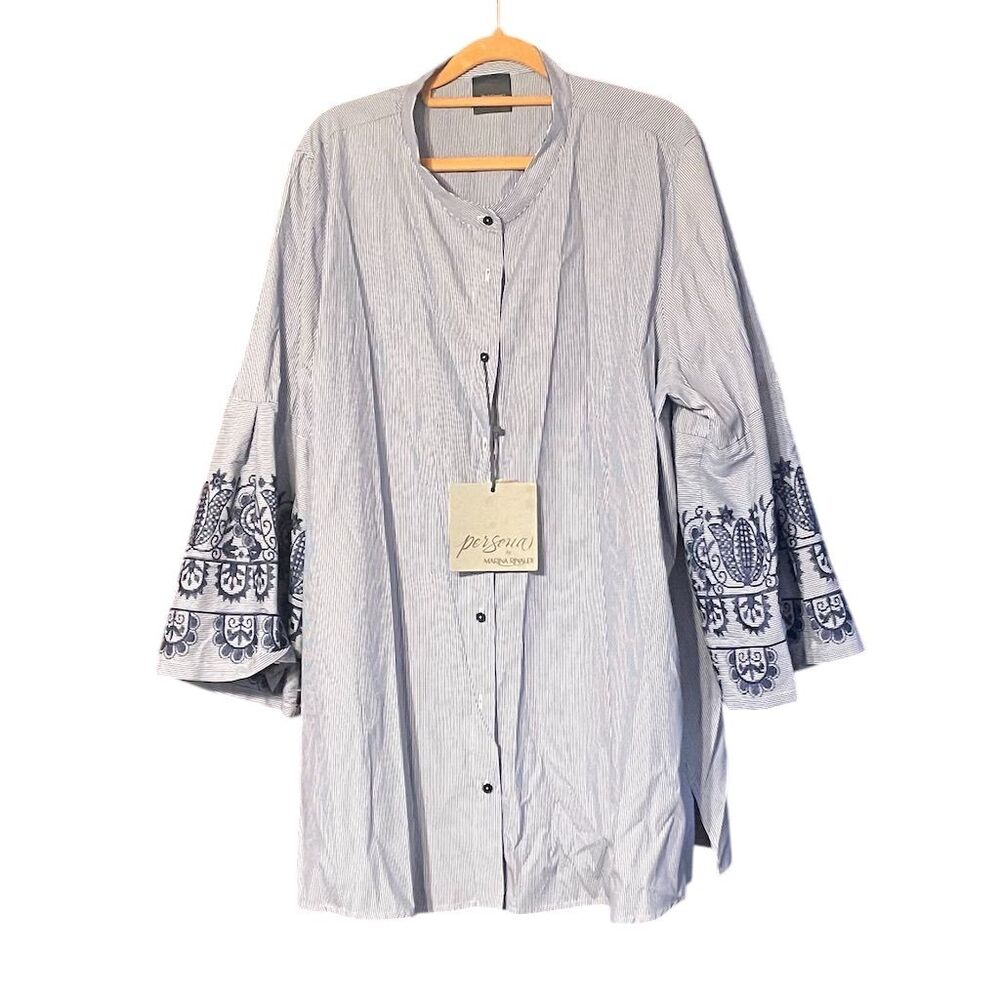 Marina Rinaldi Women's Blue Floral Embroidered Tunic Blouse Size 50